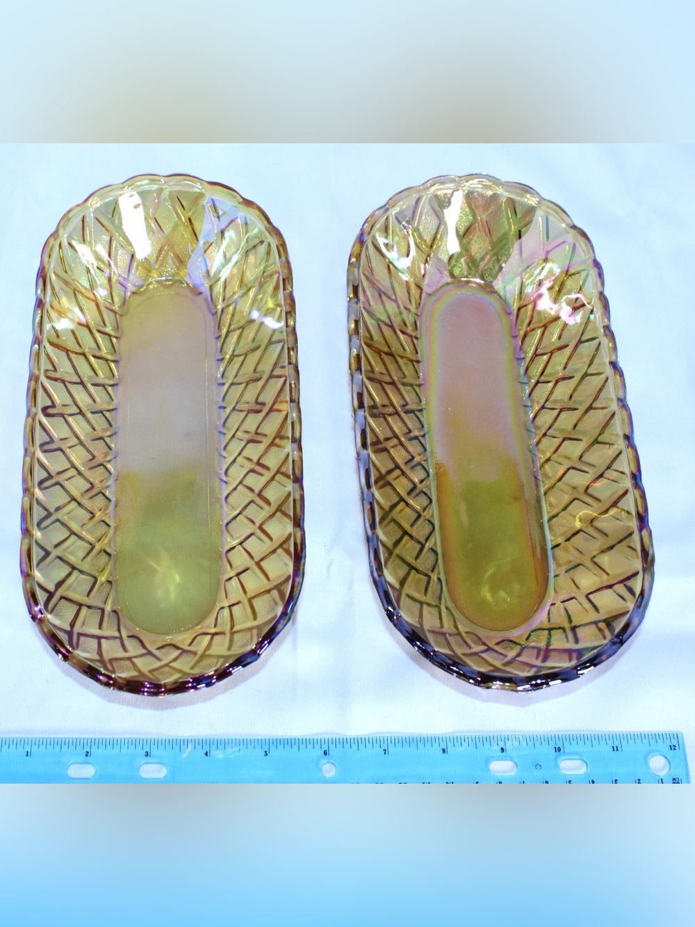 “Woven Lace” “Pretzel” Vintage Indiana Glass Co. Marigold Iridescent Carnival x2